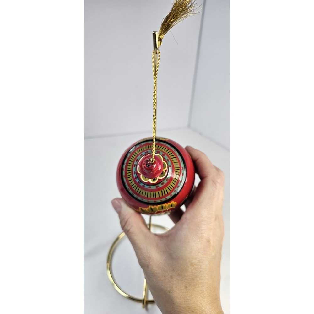 Hand Painted Wooden Christmas Ornament Red Paisley Floral - Picture 4 of 5